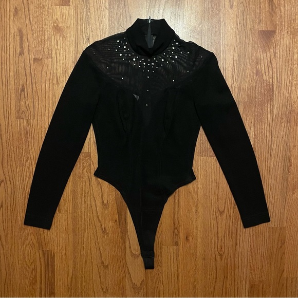 Tadashi Shoji Tops - Tadashi Black Long Sleeve Rhinestone Embellished Mesh Thong Bodysuit size M